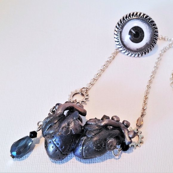 HANDMADE Siamese robot anatomical hearts necklace silver - Picture 6 of 11